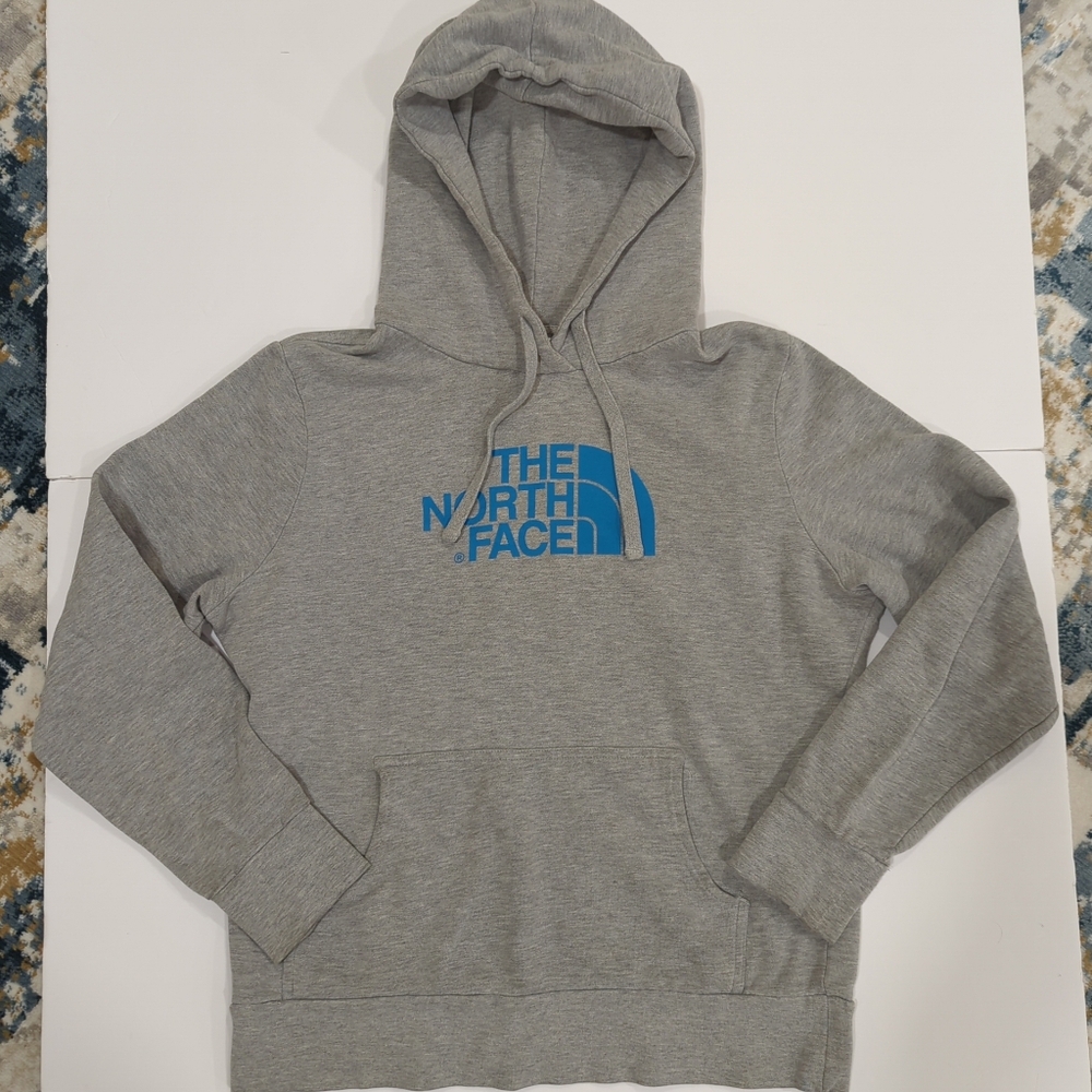 The North Face Heather Grey Hoodie Blue Logo - Women's Size Medium Classic Basic